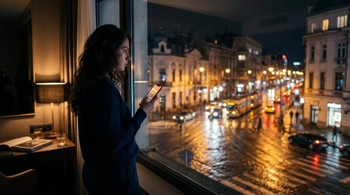 Femeie privind pe telefon în interior, oraș iluminat noaptea.