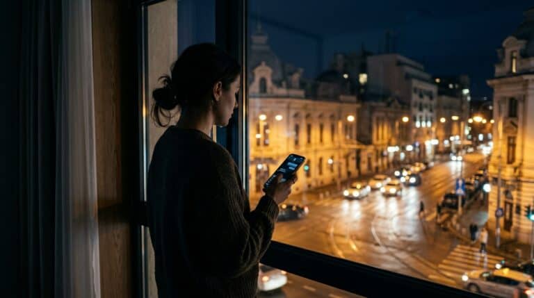 Detectiv particular verificând informații pe telefon în orașul Cluj-Napoca.