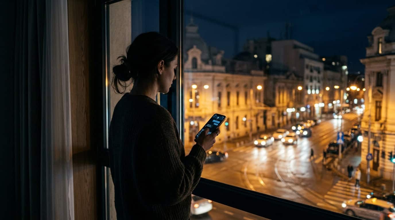 Detectiv particular verificând informații pe telefon în orașul Cluj-Napoca.