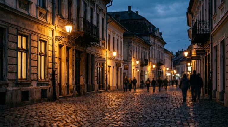 Stradă istorică iluminată în oraș, detectiv particular în acțiune.